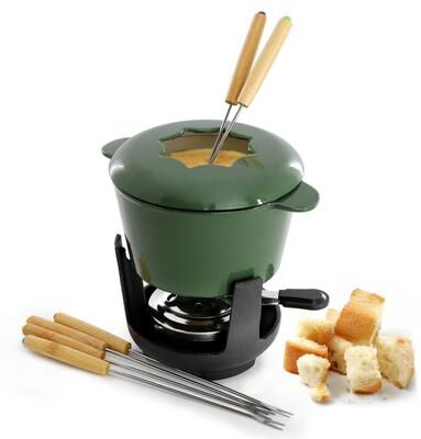 MegaChef Enameled Cast Iron Fondue Pot with 6 Serving Forks in Green