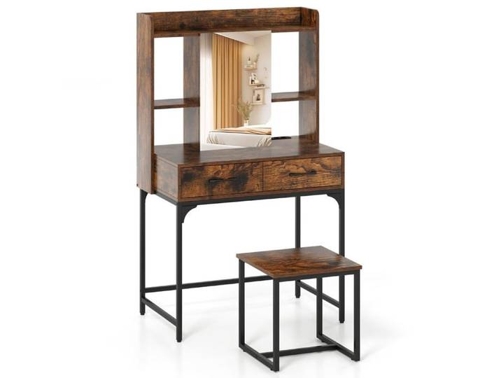Coiffeuse - HELLOSHOP26 - 80x50x138 cm - Miroir inclus - Rangement organisé - Tabouret fourni