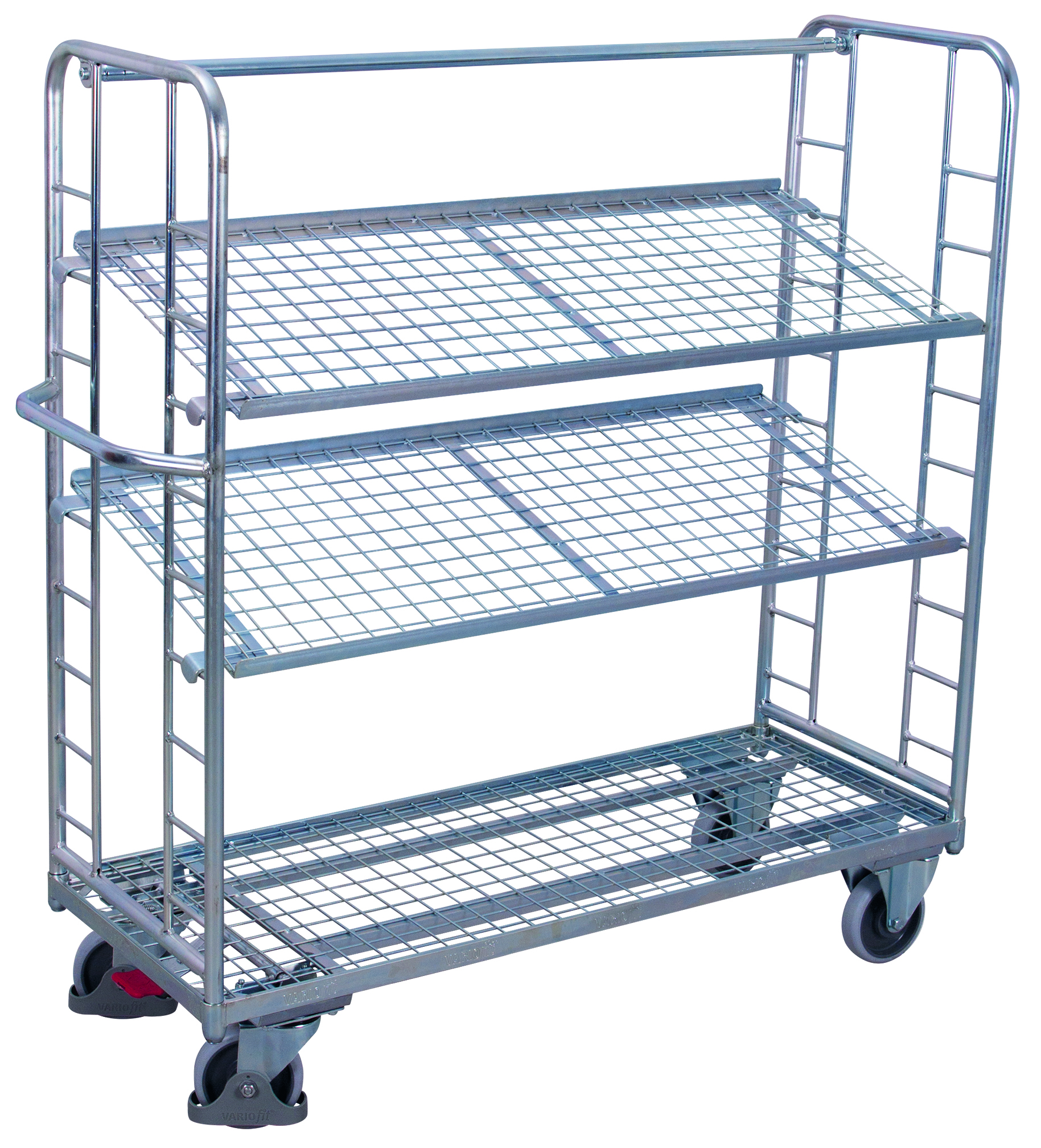 Variofit Etagenwagen mit vergitterten Seiten, Rohrschiebegriff und 2 neigbaren verzinkten Drahtgitterböden 1355x550mm