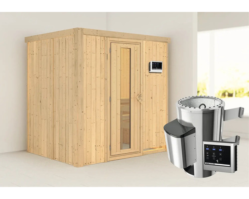Plug & Play Sauna Karibu Wanja inkl. 3,6 kW Ofen u.ext.Steuerung ohne Dachkranz mit Holztüre aus Isolierglas wärmegedämm