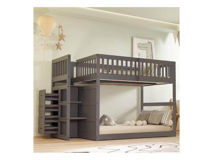HAUSS SPOLE Etagenbett 140x200 cm, Niedriges -Etagenbett mit Staufach, hohes Zaun, grau (Sicherheits-Etagenbett mit Staufach, hohes Zaun-Design, 140x200 cm), ohne Matratze