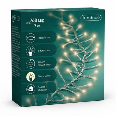 Lumineo LED Cluster Lichterkette 7m Twinkle Effekt 768 LEDs Timer 8 Funktionen Weihnachtsbeleuchtung Innen Außen Deko Beleuchtung Warmweiß Transparent