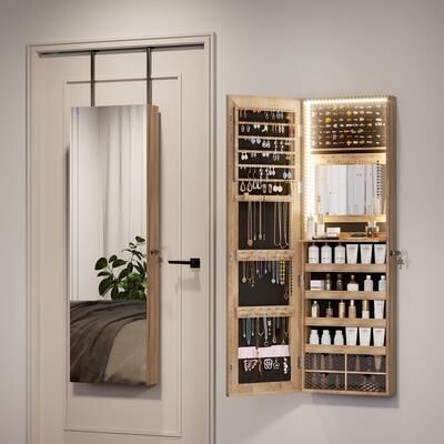 Mega Casa 14.5-Inch Mirrored Jewelry Cabinet with LED Lights, Wall or Door Mounted Storage Armoire