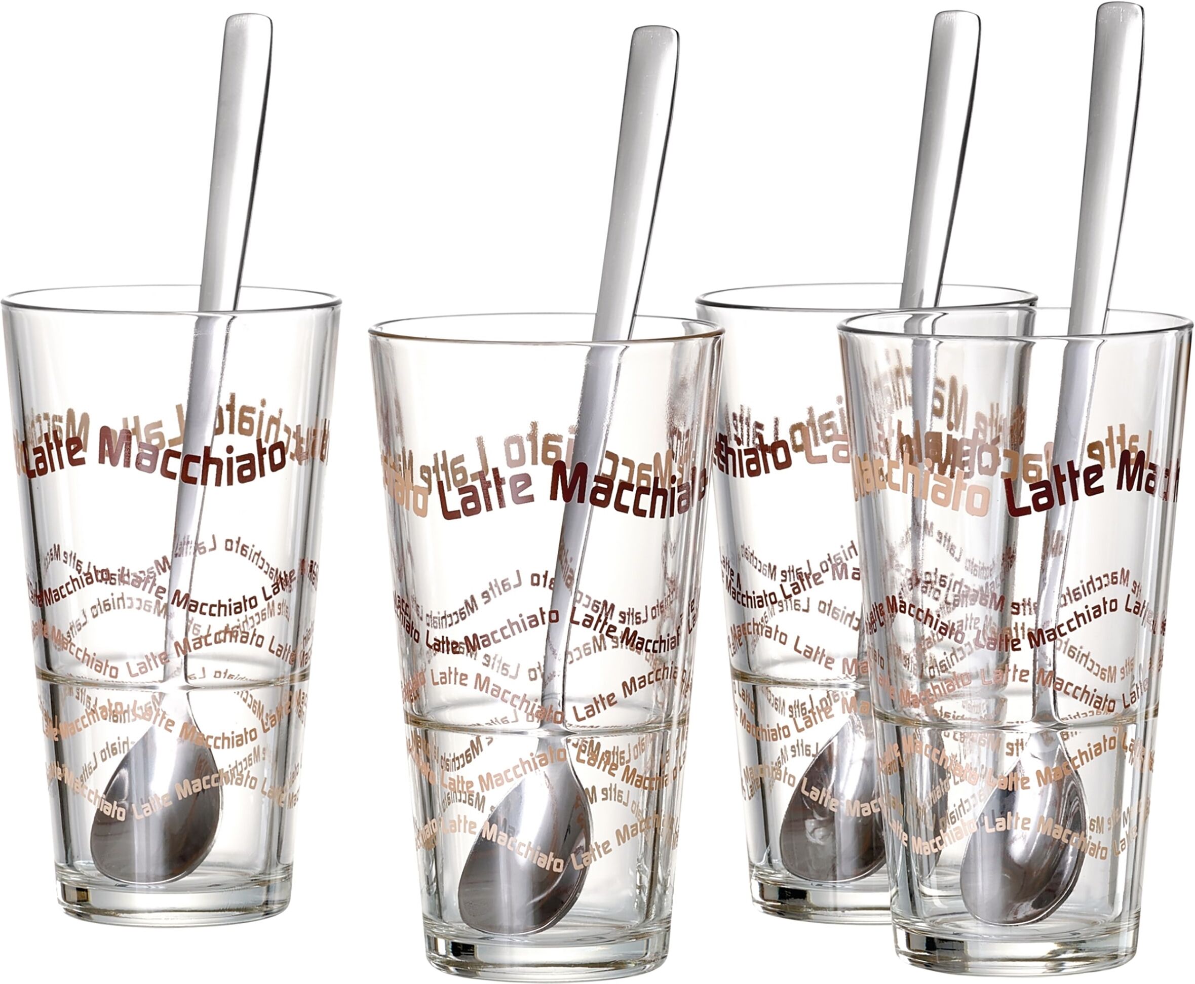 Latte-Macchiato-Glas RITZENHOFF & BREKER, braun (transparent, braun), H:14,2cm, Glas, Trinkgefässe, Latte-Macchiato-Glas, 4 Gläser, 4 Longdrinklöffel transparent, braun 14,2cm, 370ml, 8 Stk.