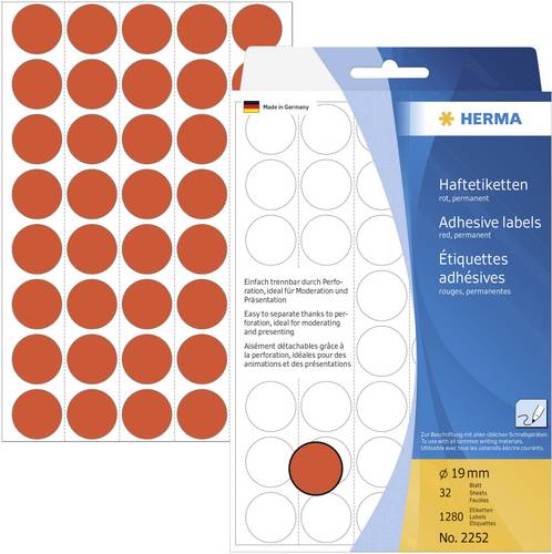 HERMA Papier - matt - permanenter Klebstoff - Rot - 19 mm rund 1280 Etikett(en) (32 Bogen x 40)