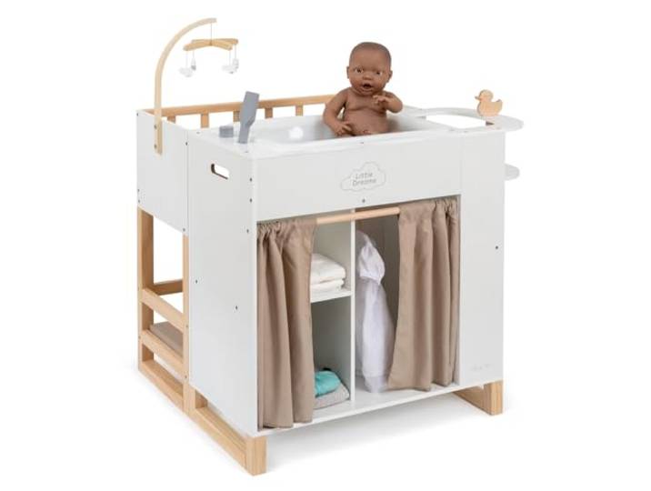 Ella & Piet® Großes Puppenpflegecenter Nursery 6in1 aus Holz (Weiß-Schlamm) Puppenbett Puppenschrank, Badewanne, Hochstuhl