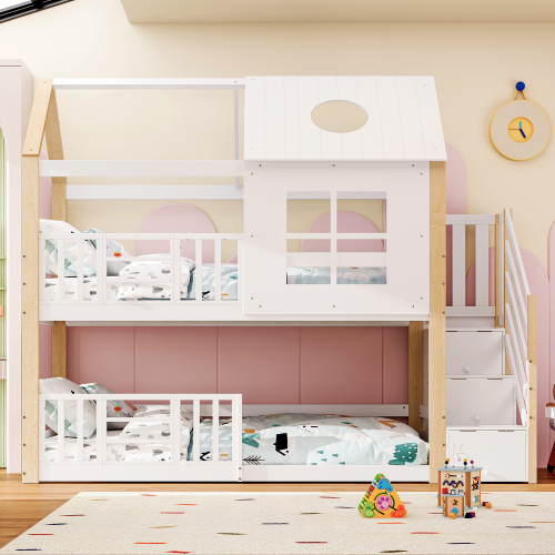 Etagenbett 90x200cm Ohne Matratze Mit Aufbewahrungstreppe Hausbett Kinderbett Mit Fallschutzgitter Mit Fenster Und Dach Weiss+Natur