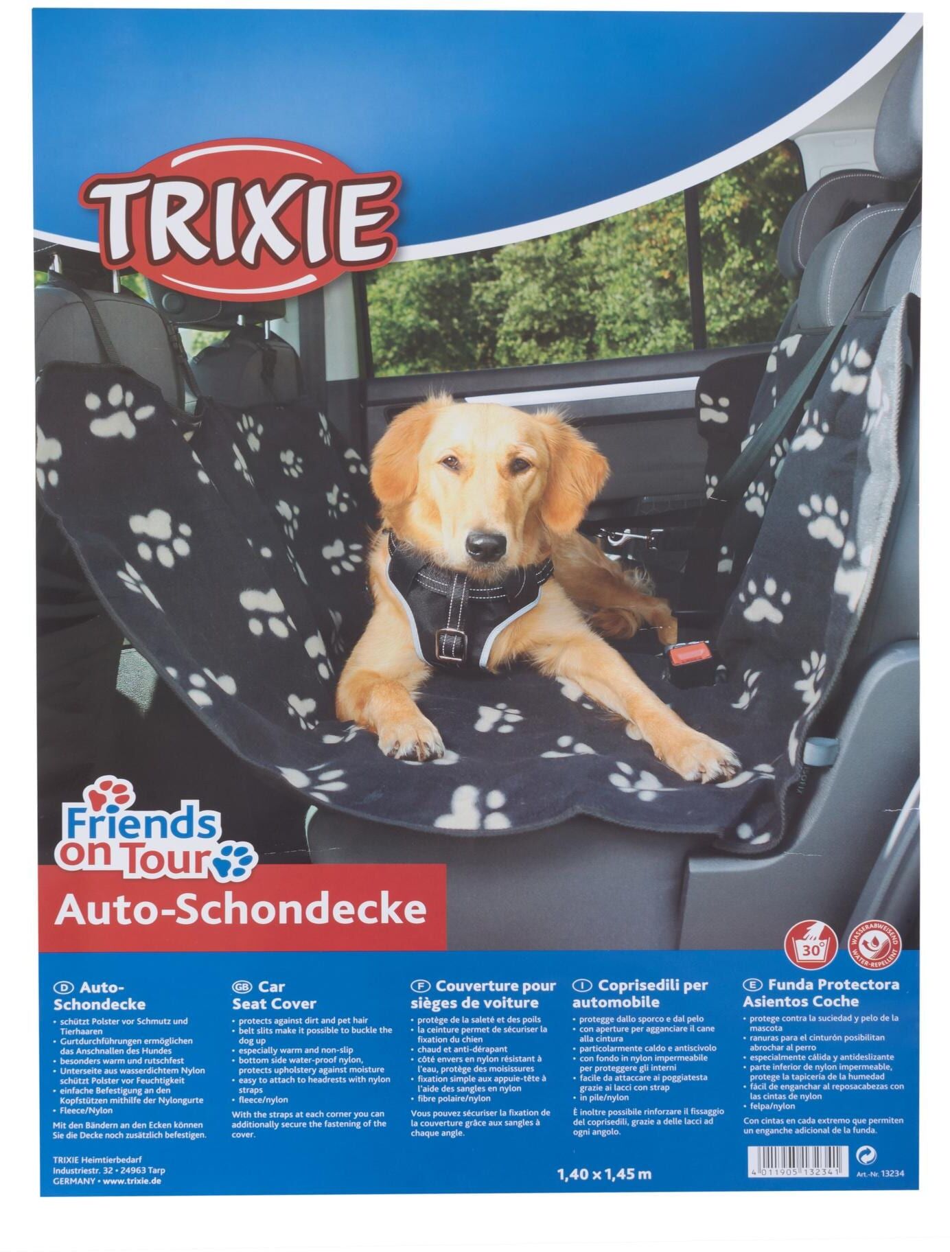 Tier-Autoschondecke TRIXIE "Auto-Schondecke Friends on Tour", schwarz (schwarz, beige), B:14,5cm L:140cm, Fleece, Nylon-Polyester, Tier-Autodecken, Tier-Autoschondecke schwarz, beige B/L: 14,5cm x 140cm