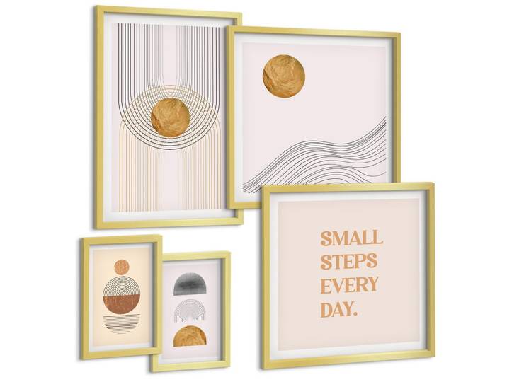 BILDER SET 5er Set - 50x50 cm & 20x30 cm & 40x60 cm Goldrahmen - Herbstfarben Seerosenteich