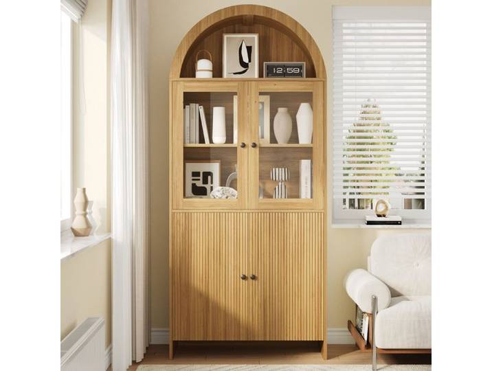 Buffet / Vaisselier - MINIMAL - Arcade Verre Fermé Vagues - Vitrine en verre - Aspect bois naturel - Étagères 40 kg