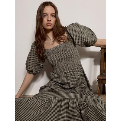 Midikleid APRICOT "Milchmädchen-Midaxi-Kleid in Karomuster", Damen, Gr. XS (34), N-Gr, Kurzarm, gewebt, grün, gewebt, Obermaterial: 100% Baumwolle CO., kariert, Modisch, Puffärmel Elastisch, Kleider Midikleid, mit eckigem Ausschnitt