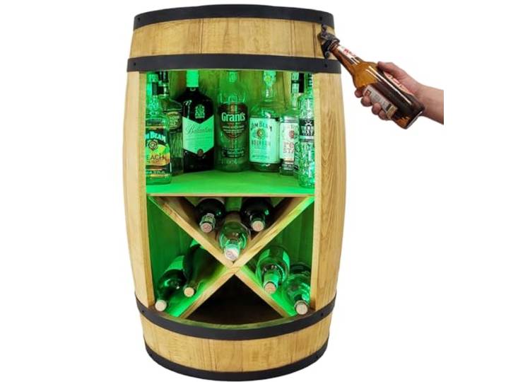weeco Holzfass mit Flaschenöffner und Weinregal RGB LED Beleuchtung. Fassbar 80cm - Rustikale deko Barschrank - Hausbar Weinrefal, Fassbier, Whisky Bar. Geschenk für Männer (Hellbraun/Eiche)