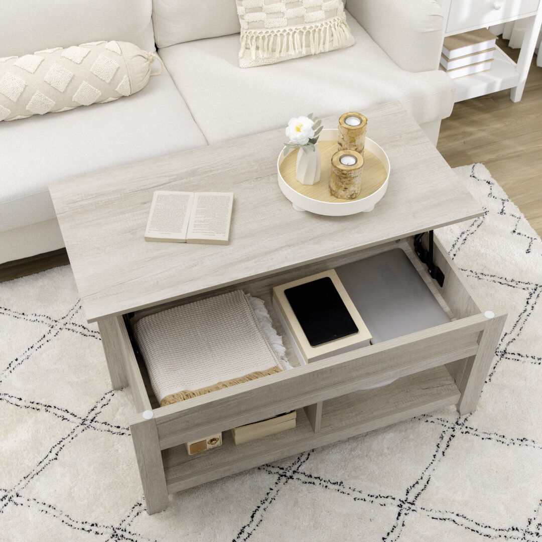Union Rustic Covertt Lift Top Coffee Table w/ Hidden Storage Compartment & Shelves Oak Oak Wood 49cm H X 105cm W X 50cm D