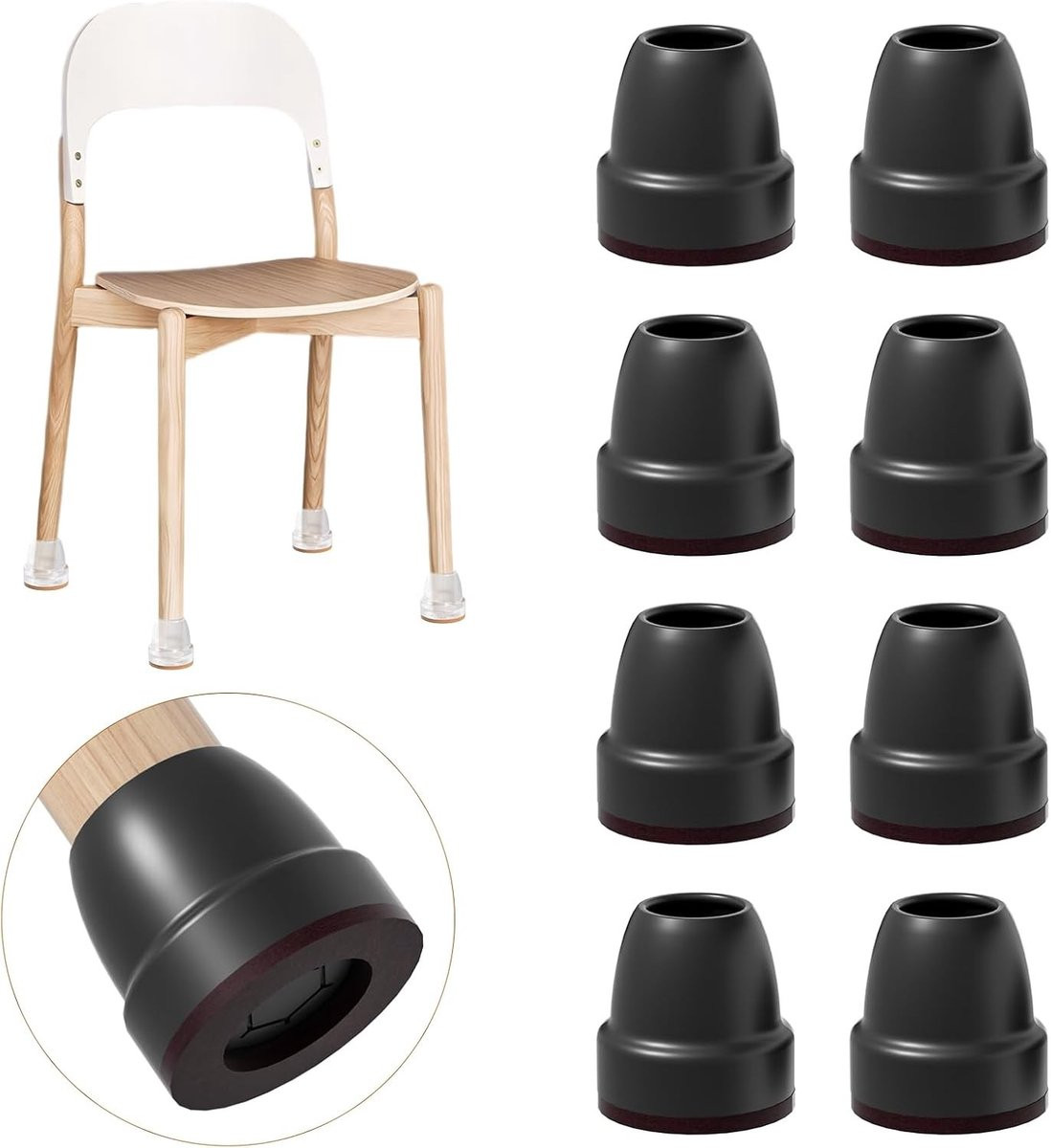 8 stuks Zwarte Siliconen Stoelpootbeschermers met Vilt en Rubber, Antislip en Automatische Schakeling, Diameter: 1,8 cm voor Meubels en Vloerbescherming