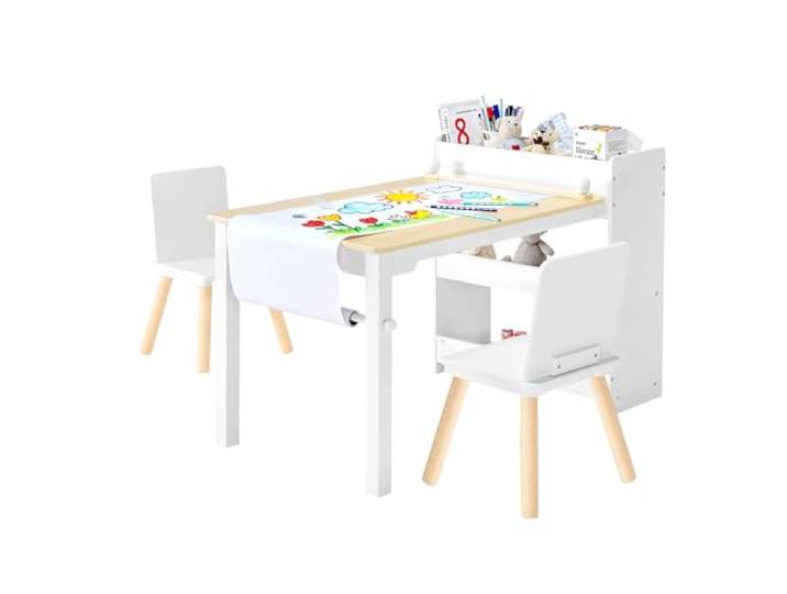 VEVOR Kindertisch mit 2 Stühlen & 3-stöckigem Aufbewahrungsschrank, Maltisch Set zum Lesen Lernen Zeichnen Schreiben, Kindersitzgruppe Kindertagesstätte, Basteltisch Spieltisch Schreibtisch, Weiß