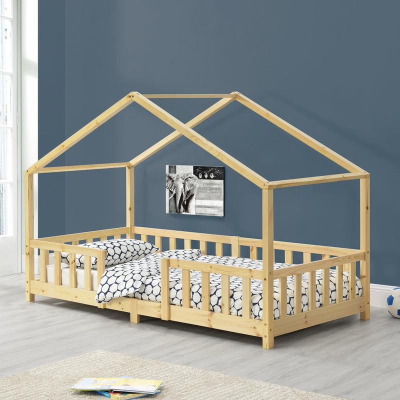 Kinderbett, Hausbett, Etagenbett (halbhoch) 90x200 cm aus hochwertigem Kiefernholz mit Schutzgitter