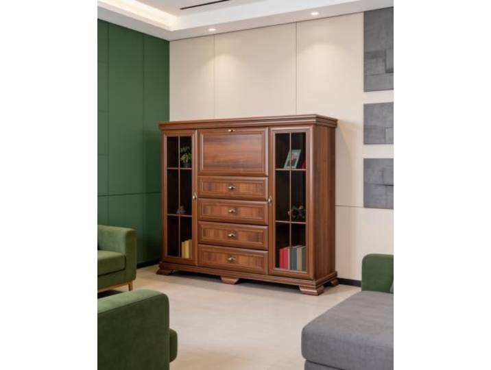 Vitrine Sentis 11, Farbe: Dunkelbraun - 136 x 158 x 46 cm (H x B x T) Klassischer Landhausstil Wohnzimmerschrank I Großes Holzdekor Sideboard I Robuste Kommode I Elegantes Highboard