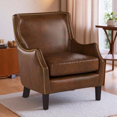 "29.25"" Genuine Leather Single Sofa Chair with Top Grain Leather and Studded Trim and Dark Stained Legs"