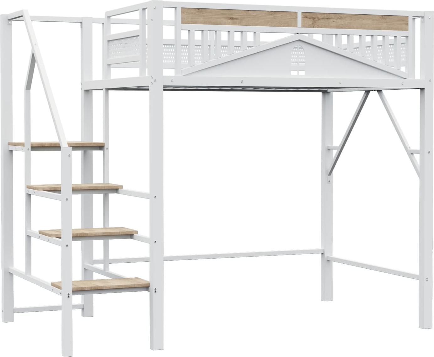 Metall-Hochbett(140 x 200cm,Weiß)Einzigartige Gehäuseform mit Fensterdesign, Mit Sicherheitsleiter, Viel Stauraum Unter Dem Bett
