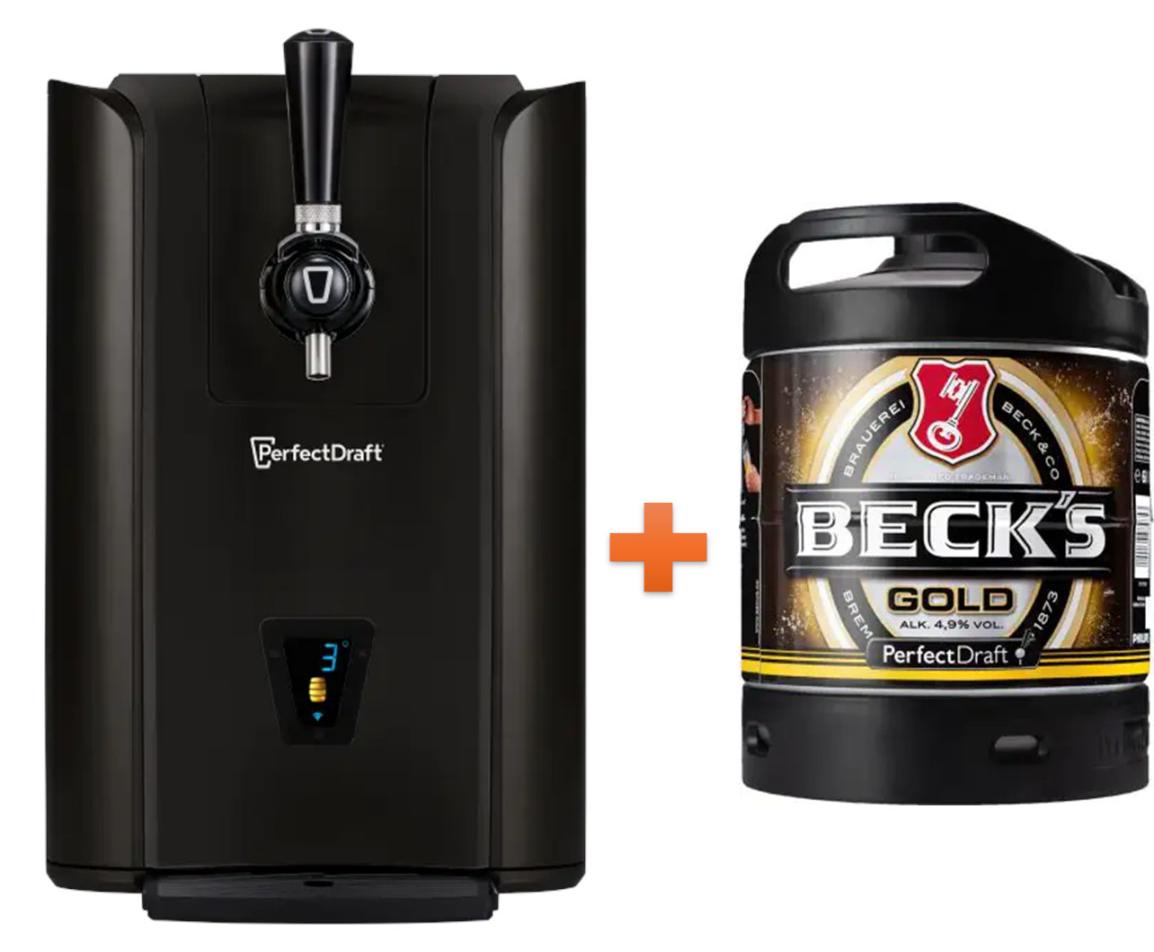Perfect Draft Pro Bierzapfanlage schwarz für 6 l Party Fässer + Becks gold 6 l Fass