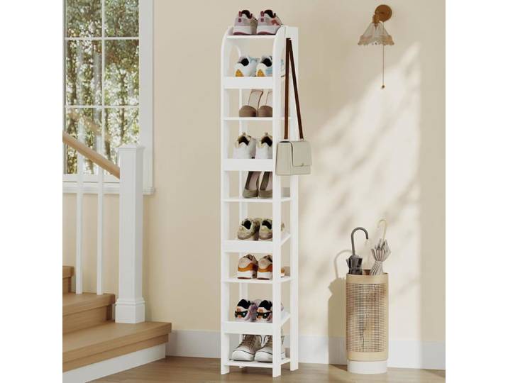 Étagère à chaussures verticale 9 étages d'étagères à Chaussures étroites Organisateur de Chaussures en Bois Autonome Réglable Blanc