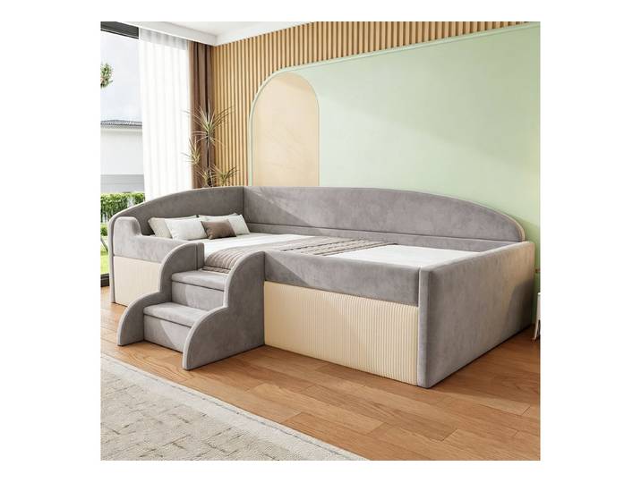 HAUSS SPOLE Polsterbett 90x190 mit Matratze und Zäunen,Tagesbett Daybett aus Samtstoff,Grau (mit Stufen, Sicherheitsbügeln und hautfreundlichem Samt, 90x190 cm, 90x190 cm), mit Matratze