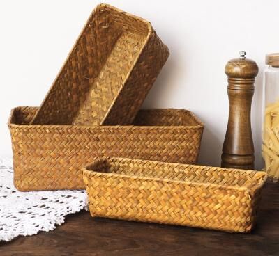 Discount Dollar Deals Woven Seagrass Wicker Storage Basket, Rectangular Straw Rattan Basket, Multipurpose Fruit, Cosmetic, Sundries Storage s6