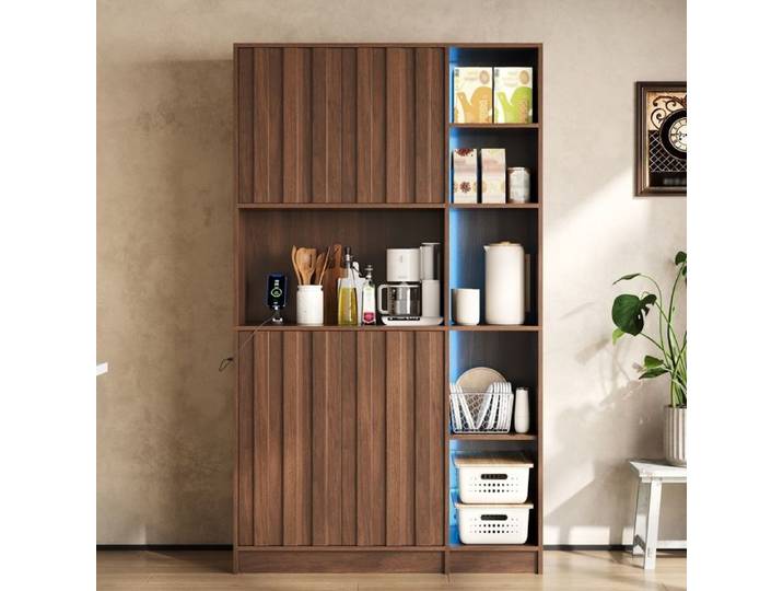 Armoire de cuisine avec LED prises électriques vitrine – Noyer 105 × 40 × 180 cm