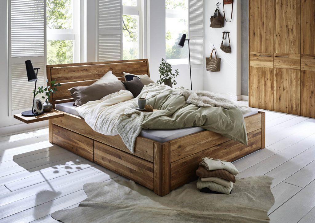 Bett Kolding Sonderl. 200x220 Sonderhöhe Wildeiche Kopfteil Schubkasten Blenden