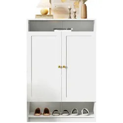 OKWISH Schuhschrank 73x34x109 2 Türen verstellbare Regale Stauraum bis 15 Paar Schuhe Metallteile goldene Griffe Weiß