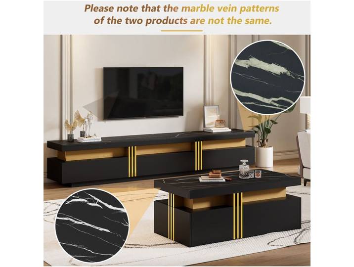 WUVRIE Ensemble meuble TV et table basse noir et or aspect marbre 5 tiroirs pour TV jusqu'à 90 pouces