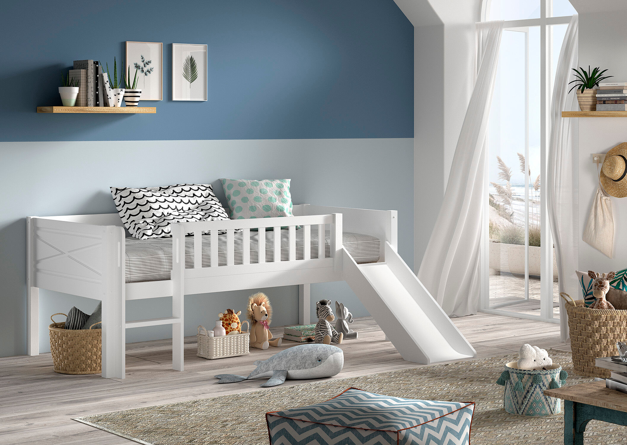 Spielbett VIPACK "Scott mit niedriger Einstiegshöhe inkl. Leiter, Rutsche und Rollnrost", weiss (weiß, weiß, weiß), B:175cm H:83cm L:208cm, Betten, Spielbett, in Kiefer massiv, weiss 90x200 cm, wahlweise ohne und mit Rollboxen weiß, weiß, weiß Liegefläche