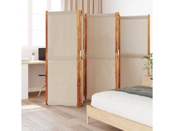 NLQMSU Trennwand, 5 Teile, Taupe, 350 x 180 cm, Akazienholz Faltbarer Paravent, verzinkte Scharniere, abwischbares Textilene, Verwendung im Innen- und Außenbereich, Raumteiler