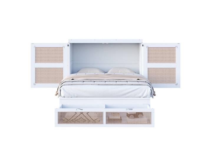 Evryae Schrankbett 140/200 mit Stauraumschubladen, Rattan-Design und Lattenrost in Weiß, 140x200 cm, Schlafzimmer, Betten, Gästebetten, Klappbetten