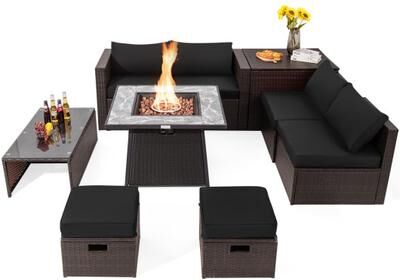 Costway 9 Pieces Patio PE Wicker Sectional Set with 50000 BTU Fire Pit Table-Black