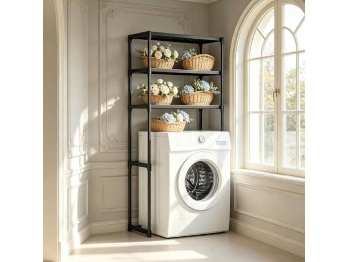 kumamart 3 Etagen Waschmaschinenregal, Überbau Regal für Waschmaschine Bad Langlebiges 3-Etagen-Regal für Handtücher, Körbe und Haushaltsbedarf in Bad und Waschküche.(Black)