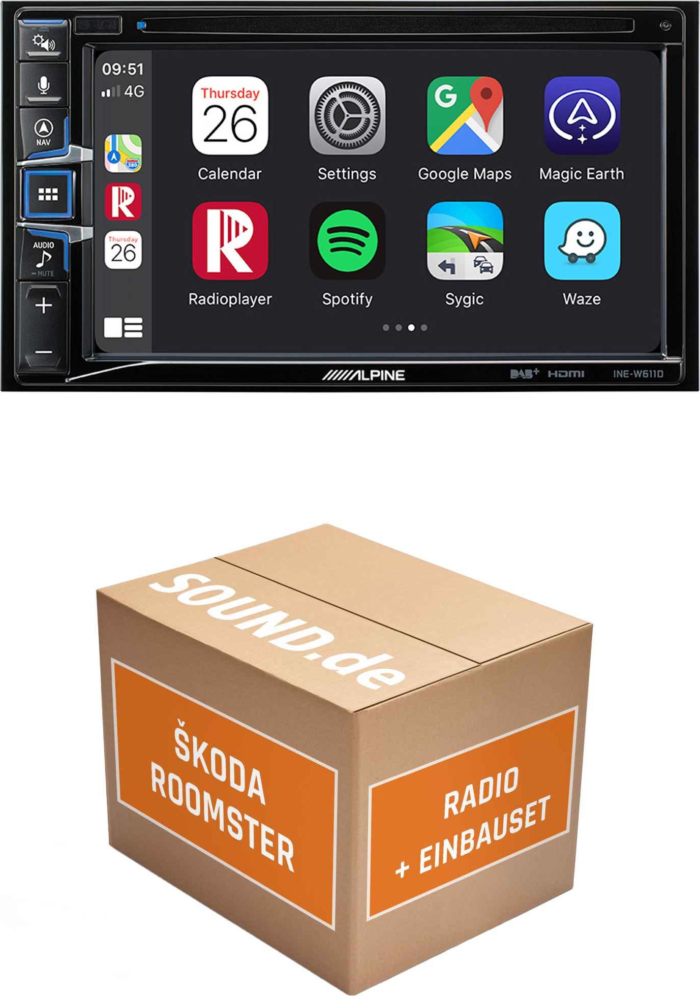 Autoradio Einbaupaket Alpine INE-W611D passend für Skoda Roomster 5J + Audience/Stream Radio | Navigationssystem CD-/DVD-Laufwerk