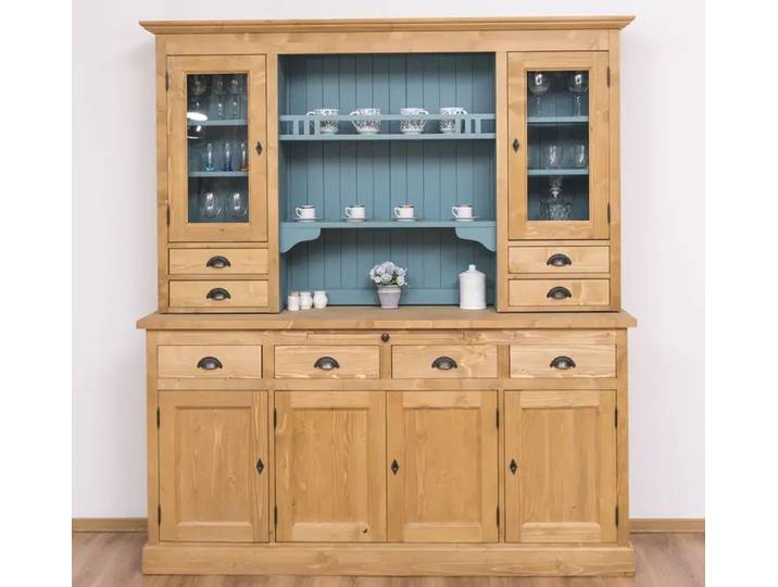 großes Küchenbuffet hellbraun + türkisblau - Vitreinenschrank mit LED-Beleuchtung