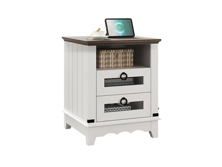 GarveeHome Nachttisch mit Ladestation, Farmhouse Beistelltisch mit Staufach, rustikaler Nachttisch aus MDF und Metall für Schlafzimmer Wohnzimmer, Braun & Weiß
