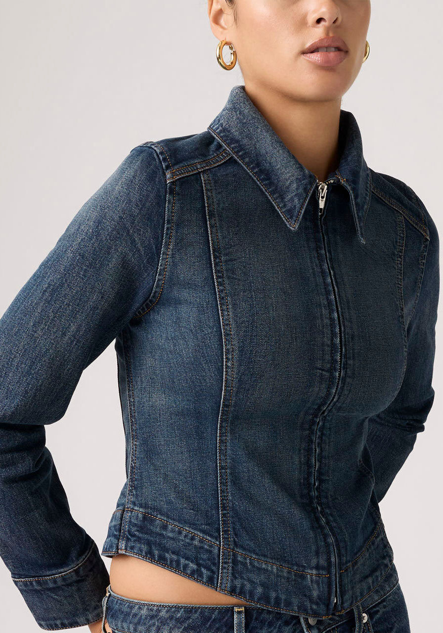 Jeansjacke LEVI'S "STRETCH FITTED TRUCKER", Damen, Gr. L (40), blau (parallel life trucker), Denim/Jeans, Obermaterial: 99% Baumwolle, 1% Elasthan, unifarben, regular fit normal, Manschette, Jacken Jeansjacke, mit stylischem Hemdkragen parallel life truck