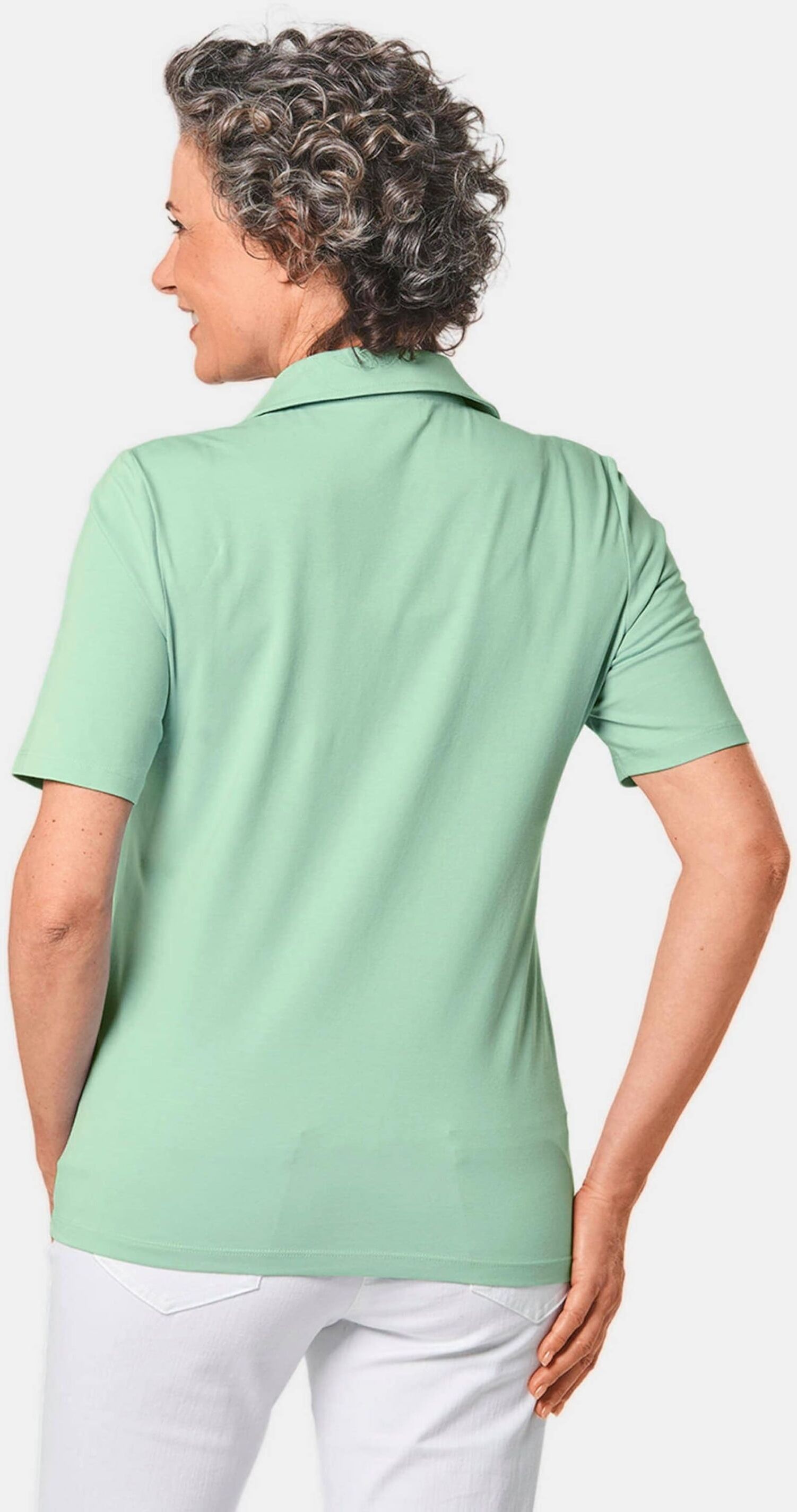Poloshirt GOLDNER "Baumwollshirt mit Polokragen", Damen, Gr. 48, grün (mintgrün), Obermaterial: 95% Baumwolle CO. 5% Elasthan EL., Tubular, Shirts Poloshirt, Tonige Knöpfe in Perlmuttoptik