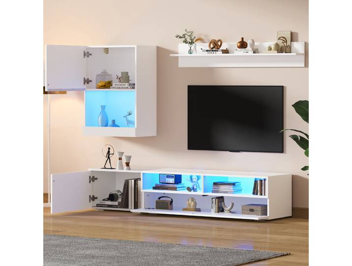 Ensemble mural TV 175*39*34cm avec vitrine (ensemble complet, 3 pièces), avec panneau TV, support et étagère murale, avec LED et haute brillance