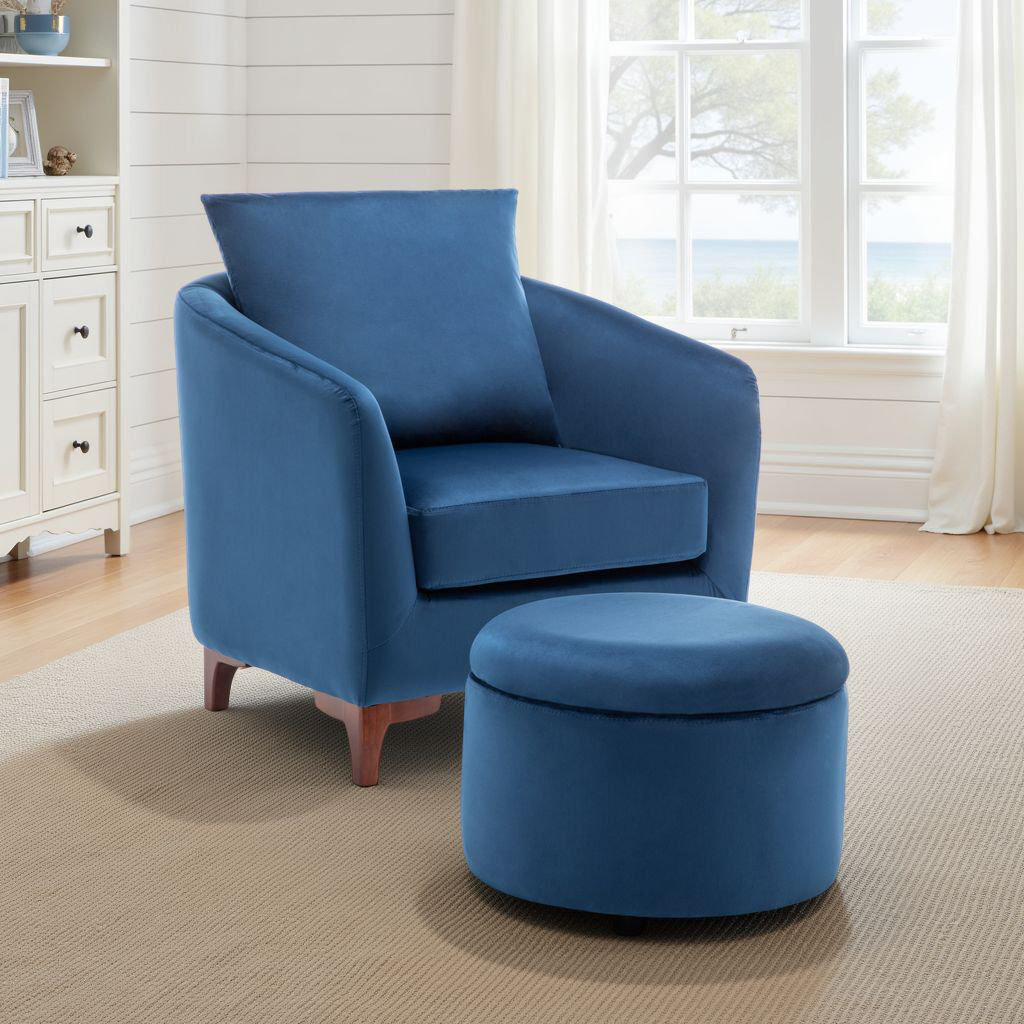 ClassicLiving Upholstered Barrel Chair With Footstool Blue Velvet 81cm H X 76cm W X 75cm D