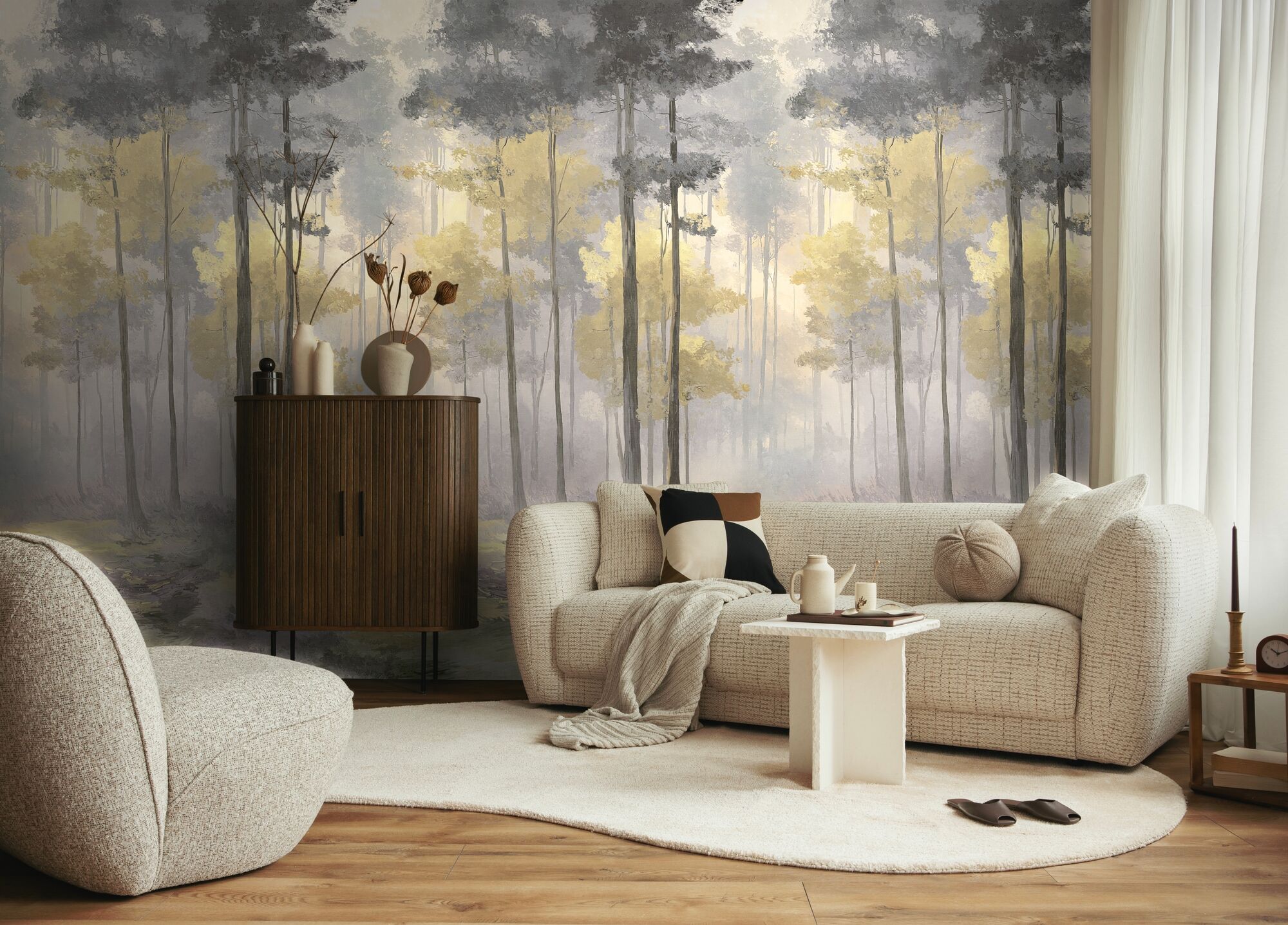 Fototapete LIVING WALLS "The Wall 4 Botanic – Abstrakter Wald Vlies-Fototapete", grau (gelb), B:1,59m H:0m L:2,8m, Vinyl, Vlies, Tapeten, Abstrakter Wald mit fließender Tiefenwirkung