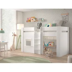 RENO halbhohes Spielbett 90 x 200 cm Liegefläche inkl. Vorhang Set, Creme-Weiß