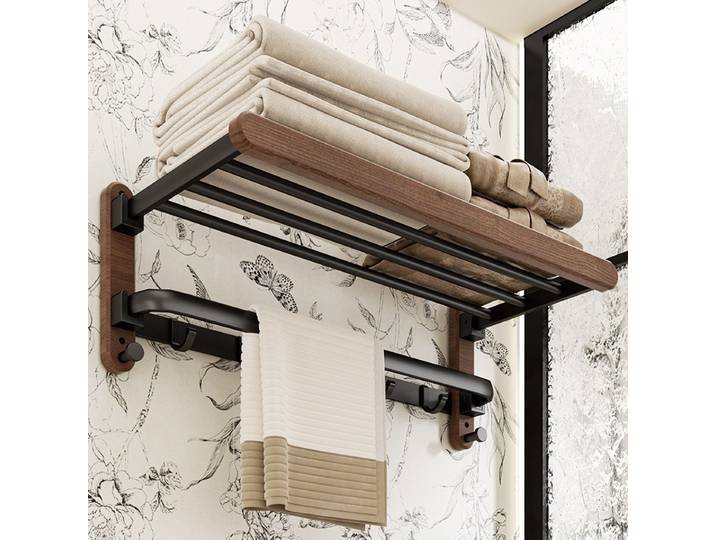 Porte-serviettes mural en bois de noyer, porte-serviettes polyvalent pliable en aluminium, porte-serviettes de salle de bain étanche, supports de rangement à domicile
