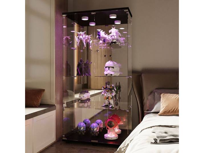 Vitrine 80x36x164cm Vitrine en Verre Verre Trempé Miroir 4 Couches 2 Portes Transparent Vitrine avec Lumière LED et Serrure Noir