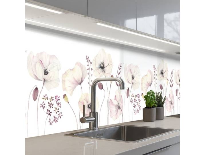 Crédence Décorative de Cuisine - Décoration Murale - Motif Fleurs - Pastel - Plantes - Blanc 300x60 cm - KitchenYeah