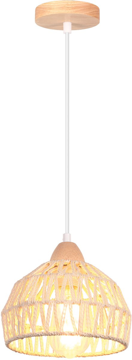 Boho Hanglamp Geweven Rattan en Hout E27 Plafondlamp Wit