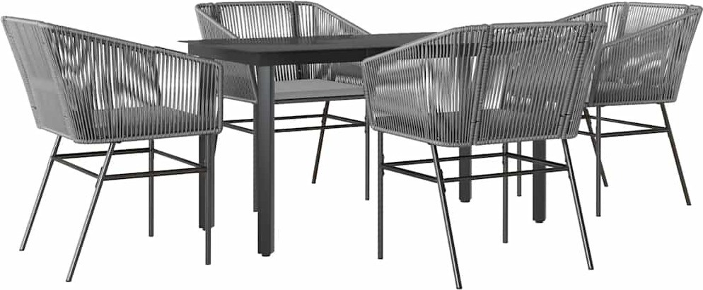 Garten Essgruppe 5-tlg., für Outdoor, Poly Rattan Grau, pulverbeschichteter Stahl, Hartglas, 140x70x74 cm Tisch, 110 kg Tragkraft pro Sitz
